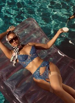 Fleur Du Mal Lily Embroidery Longline Demi Bra -Fleur du Mal Shop Campaign Lily Embroidery Lingerie in Denim blue 2