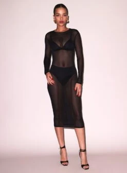 Fleur Du Mal Mesh Long Sleeve Midi Dress