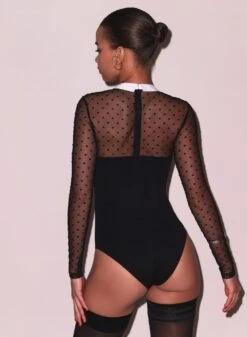 Fleur Du Mal Collared Bodysuit With Dotted Tulle -Fleur du Mal Shop FDM 112124 109852 full
