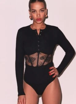 Fleur Du Mal Rib & Bouquet Lace Underbust Bodysuit -Fleur du Mal Shop FDM 112124 110217full