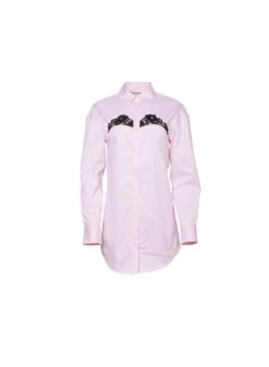 Fleur Du Mal Poplin Shirt Dress -Fleur du Mal Shop LaceInsertPoplinButtonDownBabyPinkflat