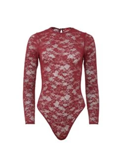 Fleur Du Mal Le Stretch Lace Long Sleeve Bodysuit -Fleur du Mal Shop LeStretchLaceLongsleevebodysuit Auburn flat